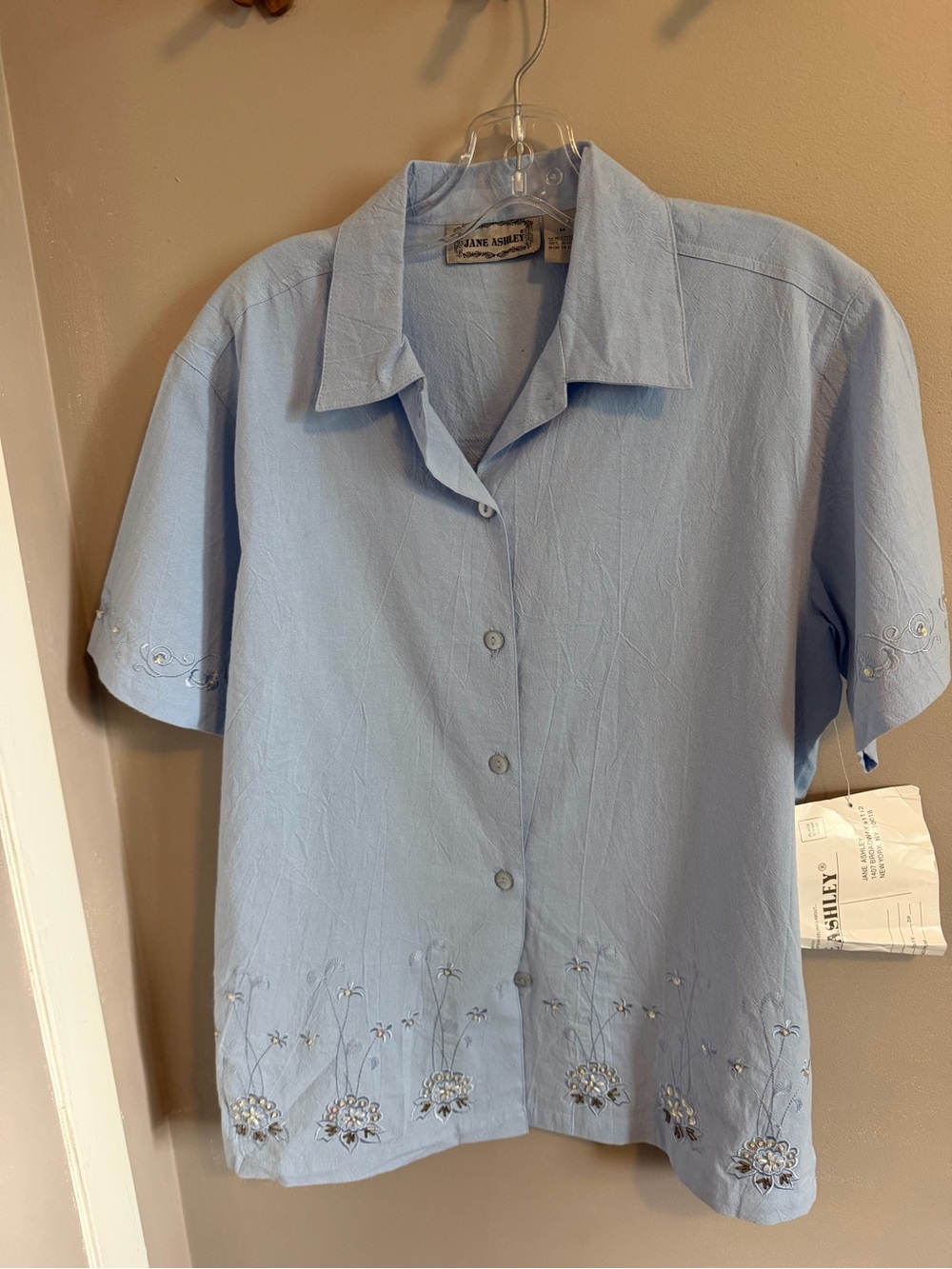 Vintage Jane Ashley Embroidered Beaded Camp Shirt Light Blue Cotton M
